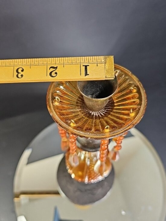 Vintage Candlestick Holder With Amber Glass And Plastic Beads 12 Inches Tall - Picture 3 of 8